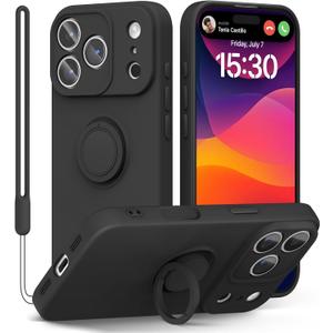 pcgaga Compatible with iPhone 17 Pro Case 6.3 inch, Silicone Slim Design with [Ring Holder Stand] [Wrist Strap] [Microfiber Lining] Shockproof Protective Case Cover for iPhone 17 Pro, Black