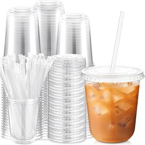 Ziliny 100 Sets Clear Plastic Cups with Lids and Straws, Disposable Iced Coffee Cups for Drinking, Cold Drinks, Juice, Smoothie, Pet Cup for Coffee Shops, Party, Christmas (14 oz)