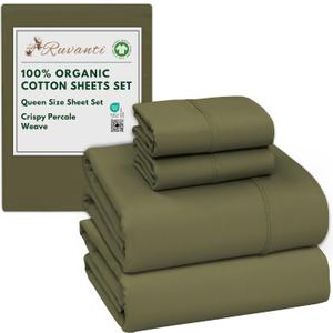 RUVANTI 100% Organic Cotton Sheets Queen Size, Percale Weave, GOTS Certified, 4-Piece Set, Deep Pocket 15", Crisp & Breathable, Soft Durable Bedding, Sbanas Algodn Orgnico  Olive