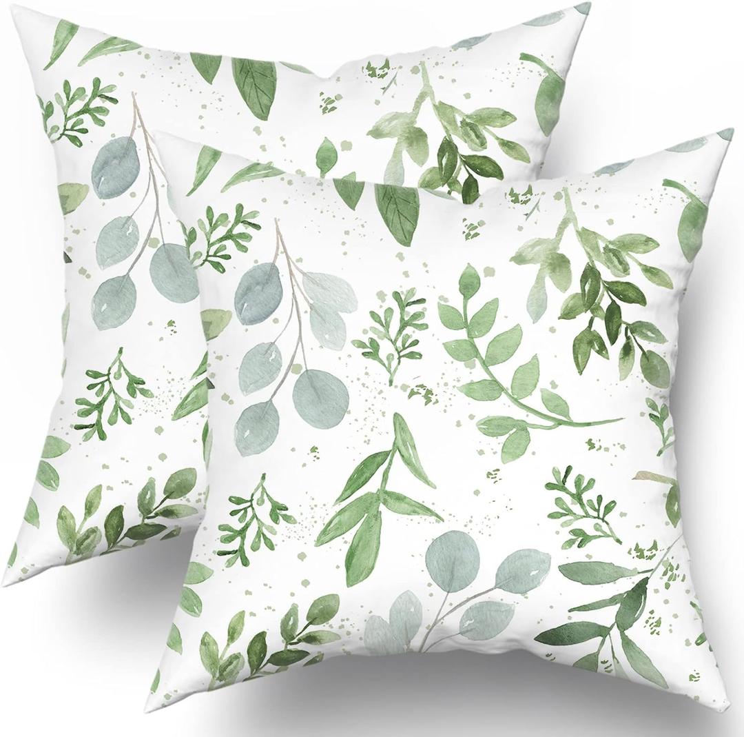 Sweetshow Sage Green Pillow Covers 12x12 Inch Spring Watercolor Eucalyptus Floral Pillowcase Set of 2 Leaf Print Throw Pillow Covers Soft Cotton Square Cushion for Home Couch Sofa Bedroom Livingroom