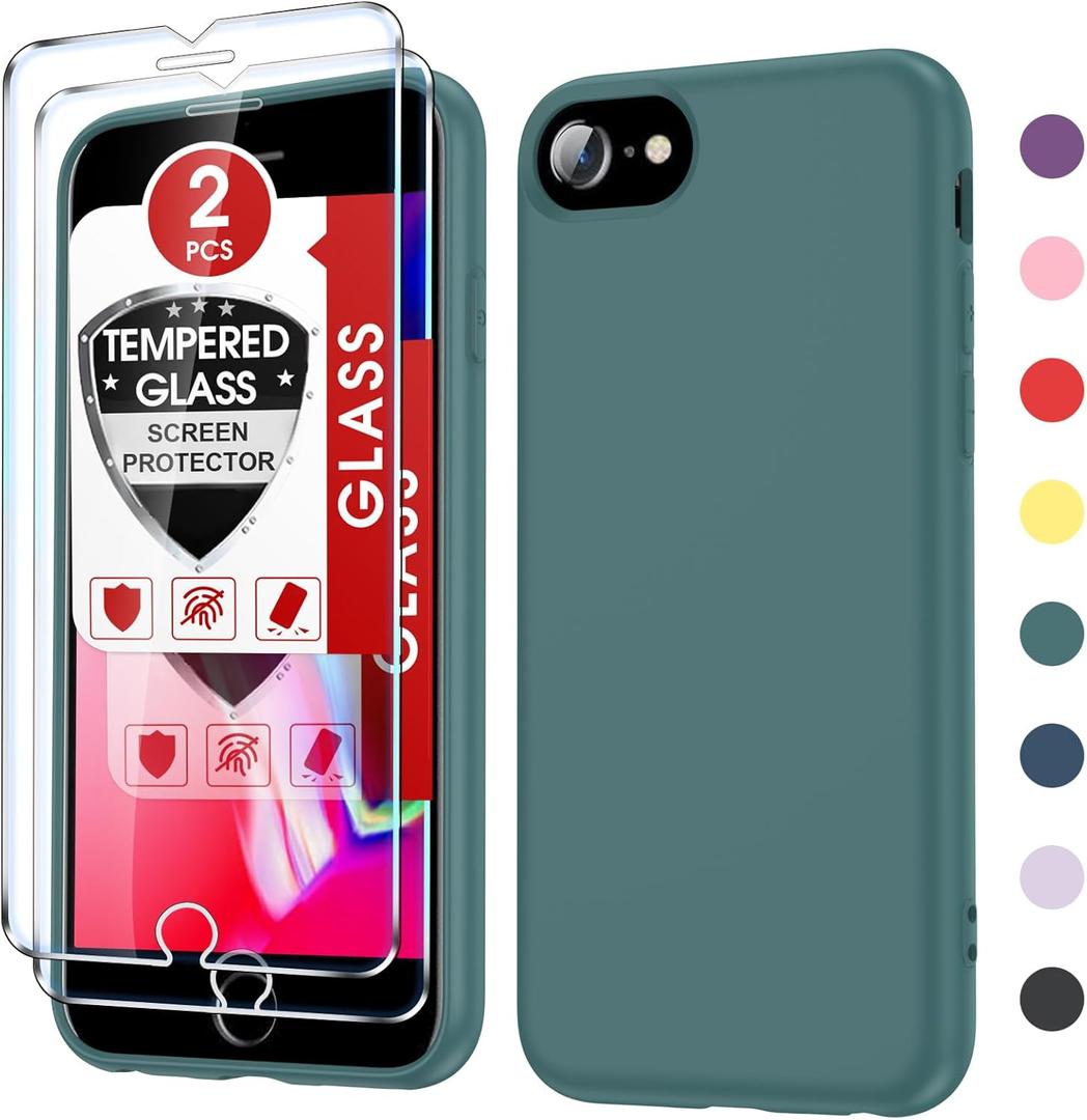 LeYi for iPhone SE Case, iPhone 8 Case with [2 Pack] Tempered Glass Screen Protector, Soft Liquid Silicone Cover Microfiber Liner Funda para Cell Phone Case for iPhone 7/ SE 2022 2020, Green