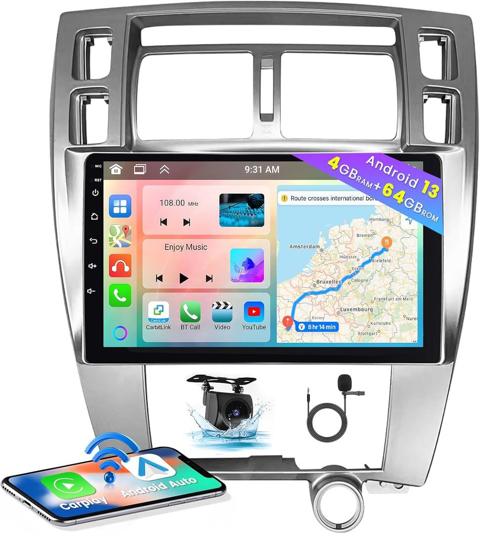 Hikity 8 Core Android Car Stereo for Hyundai Tucson 2006-2009 Radio 4+64G 10.1 Inch IPS Touchscreen Car Radio Wireless Carplay Android Auto 59UI GPS WiFi 32EQ DSP Backup Camrea