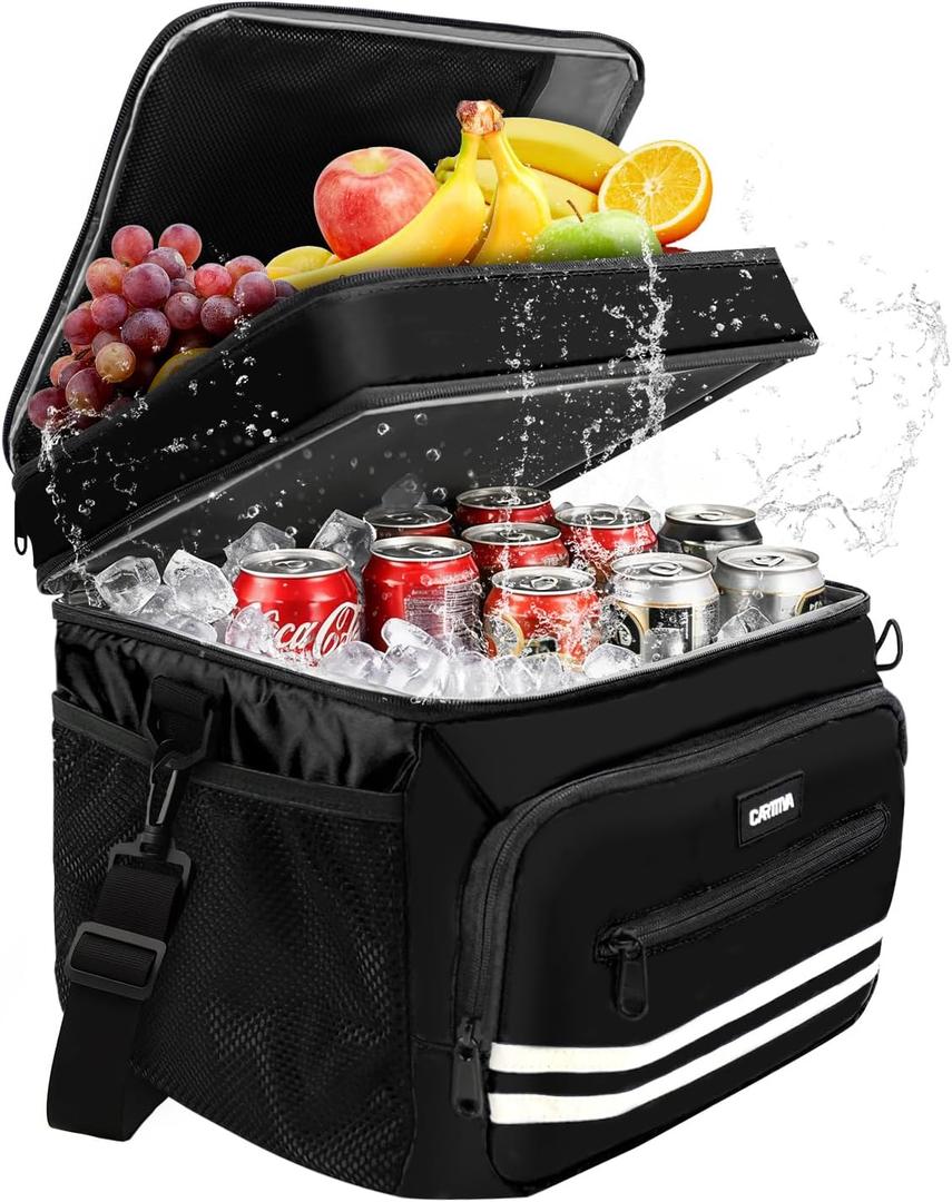 Lunch Box for Women & Men 26L, 36 Cans Large Insulated Cooler Lunch Bag, Leakproof Double Deck, Expandable Big Lunch Box with Adjustable Strap for Work, Beach, Picnic, Travel (Black)