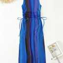 Women's Sheer Mesh Swimsuit Bikini Bathing Suit Cover Up Sexy Double Slit See Through Flowy Beach Long Dress Blue