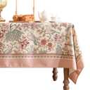 patdrea Designer Pink Linen Table Cloth for Rectangle Table,Vintage Floral with Birds Pattern Decorative Tablcloth,French Table Cover for Kitchen Dining,Thanksgiving,Christmas