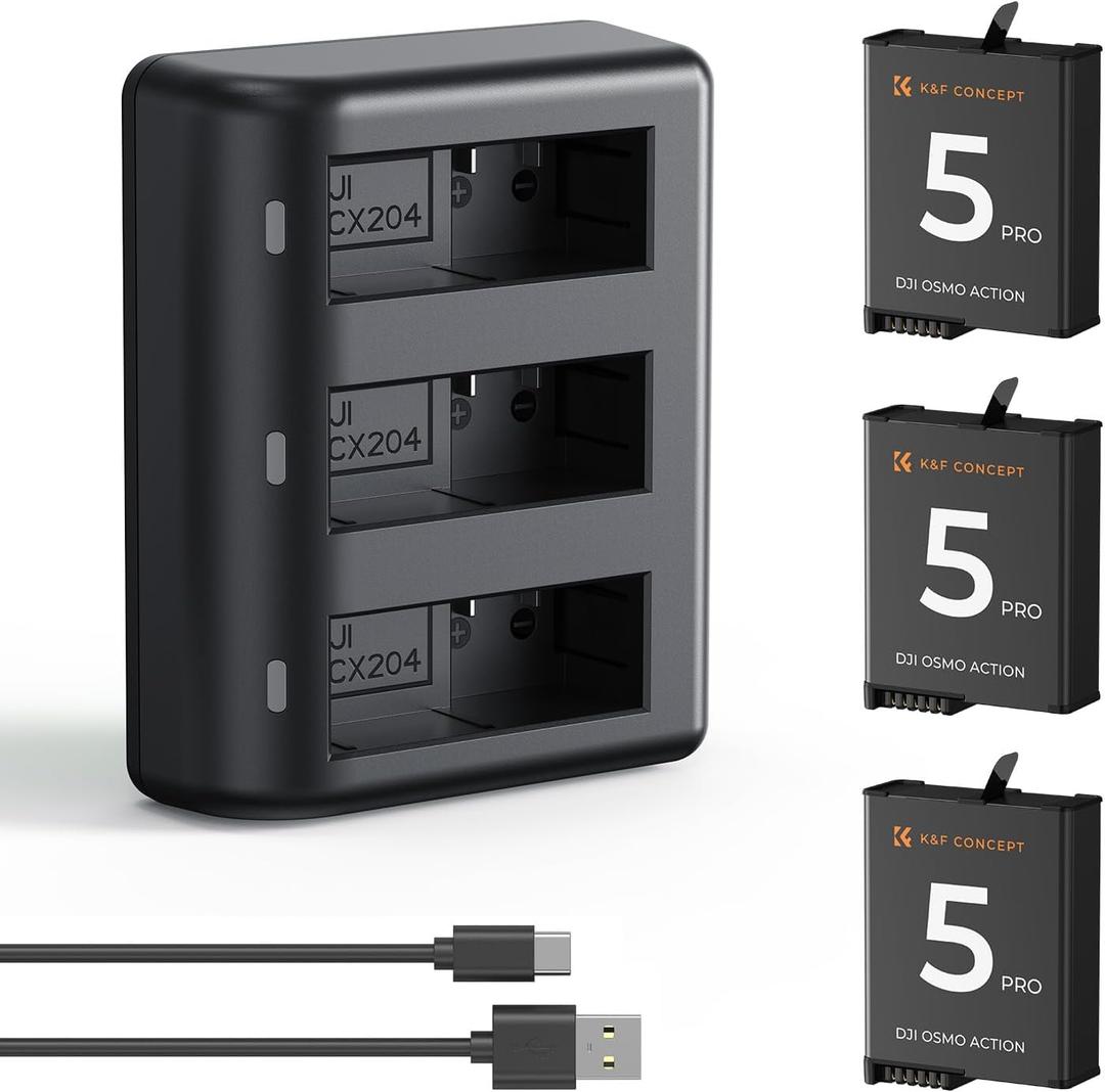K&F CONCEPT Osmo Action 5 Pro/4/3 Battery Charger, 3-Pack 2100mAh Osmo 360 Batteries & 3-Slot Fast Charger Compatible with DJI OSMO 360, Action 5 Pro, Osmo Action 4, Osmo Action 3