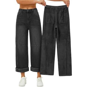 EMMIOL Fleece Lined Jeans Women Baggy, Wide Leg Denim Pants Winter Warm Loose Fit Flannel Lining Y2K Boyfriend Womens (Black, L)