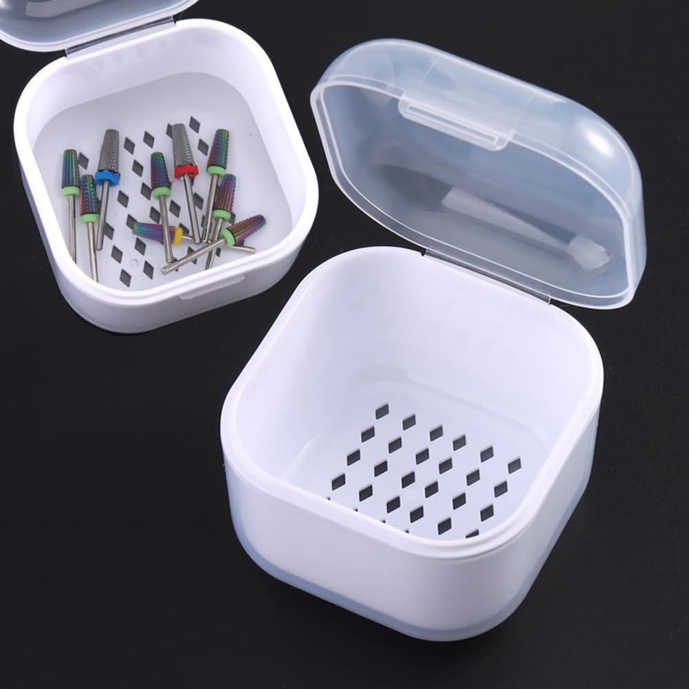 Nail Tool Sterilizer Box Plastic Sterilization Tray for Nail Art Accessories Tools, Portable Nail Drill Bits Disinfectant Container Soaking Box with Strainer Pedicure Manicure Cleaning Equipment (White)