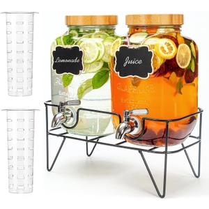 1 Gallon Glass Drink Dispenser with Bamboo Lid, 2 Pack Beverage Dispenser with Stand, Drink Machine for Lemonade, Iced drinks, Kombucha Dispenser for Parties, Weddings (Double, with Stand)