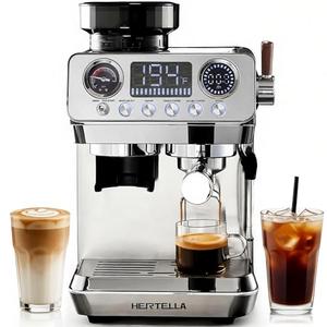 HERTELLA Espresso Machine with Burr Grinder, 20 Bar Visual Pressure Gauge, Milk Frother Steam Wand, Stainless Steel, 4 Temperature Modes (Hot and Cold Brew), Automatic Pressure Release Function