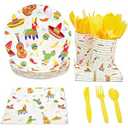 BLUE PANDA 144 Piece Fiesta Plates & Napkins Dinnerware Set - Serves 24, Multicolor - Disposable Taco Plates & Taco Party Supplies