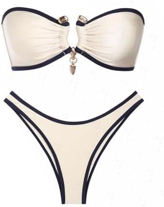 seamoly Ruched U-Ring Metal Tied Back Bandeau Top & Brazilian Bottom Bikini Set, L