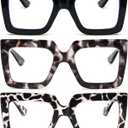 REAVEE 3 Pack Oversized Reading Glasses for Women Large Frame Extra Wide, Blue Light Blocking Stylish Thick Square Readers (Black+black Leopard+clear Leopard)