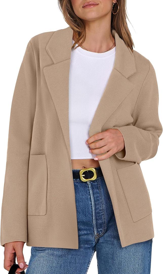 ANRABESS Womens Sweater Blazer 2025 Fall Cardigan Chunky Knit Jacket Coats Dark Khaki Small