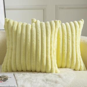 MANDIOO Pack of 2 Decorative Throw Pillow Covers Faux Fur Striped Plush Soft Cushion Covers Pillow Cases Bedroom Living Room Sofa Home 24x24 Inch Yellow (24" x 24" (Pack of 2))