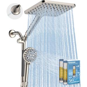 MakeFit Dual Filtered Rain Shower Head Combo, High Pressure Handheld Shower Head with Adjustable Bar - Rainfall Shower Head And Showerhead with Filter for Hard Water - Removes Chlorine (Polished Nickel Brushed)