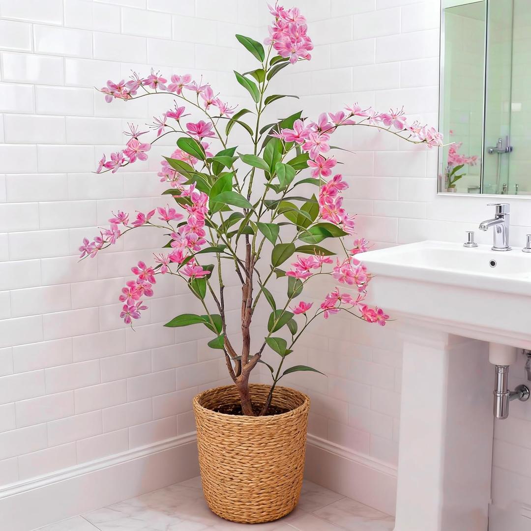 Artificial Jasmine Tree 5ft Beige Flower Pot Fake Plants, Lifelike Artificial Trees with Natural - Looking Blooms, Perfect for Any Space (Green)