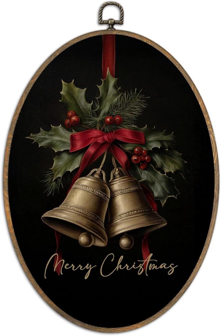 SHQIEUDH Moody Christmas Bells Oval Wall Art 8.6x11.4, Vintage Christmas Red Bow Framed Canvas Prints Artwork, Rustic Farmhouse Winter Holiday Oval Wall Hanging Decor for Living Room Home Bedroom