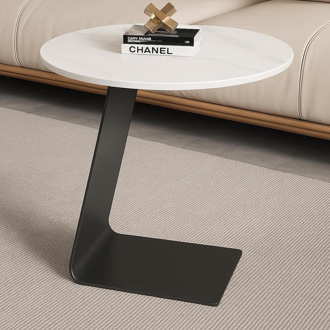 Modern C-Shaped End Table, Tempered Glass Tabletop Couch Side Table, Black Round C Table for Living Room, Bedroom, or Sofa Side Stylish Accent Table (White), 19.6 inches x 19.6 inches x 25.5 inches