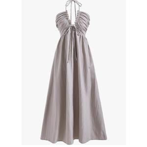 Women's Tie Backless Halter Maxi Dress Deep V Neck Flowy Maxi Beach Vacation Dresses L