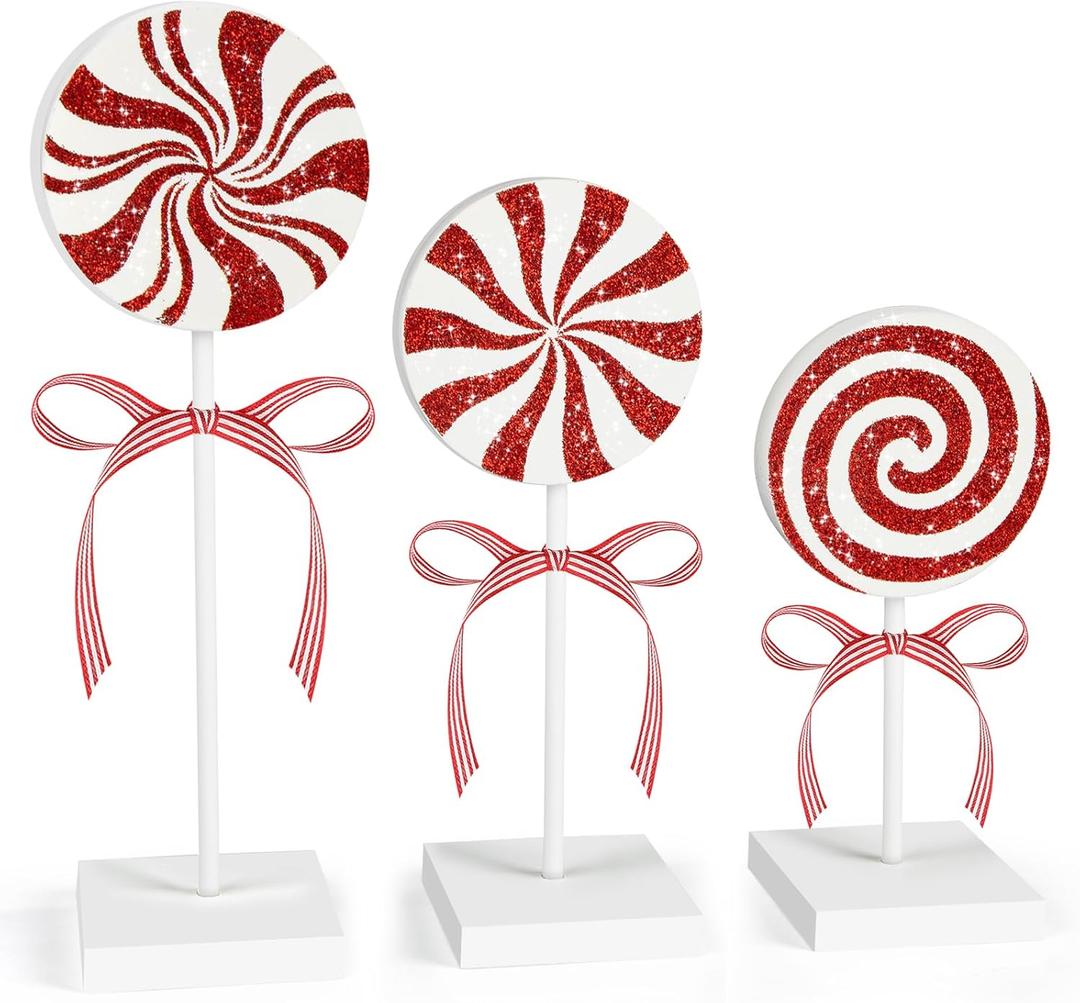 3 Pieces Christmas Table Decorations Wood Candy Set, Red Christmas Tiered Tray Decor, Rustic Candy Table Decorations for Home Tables(Cute)