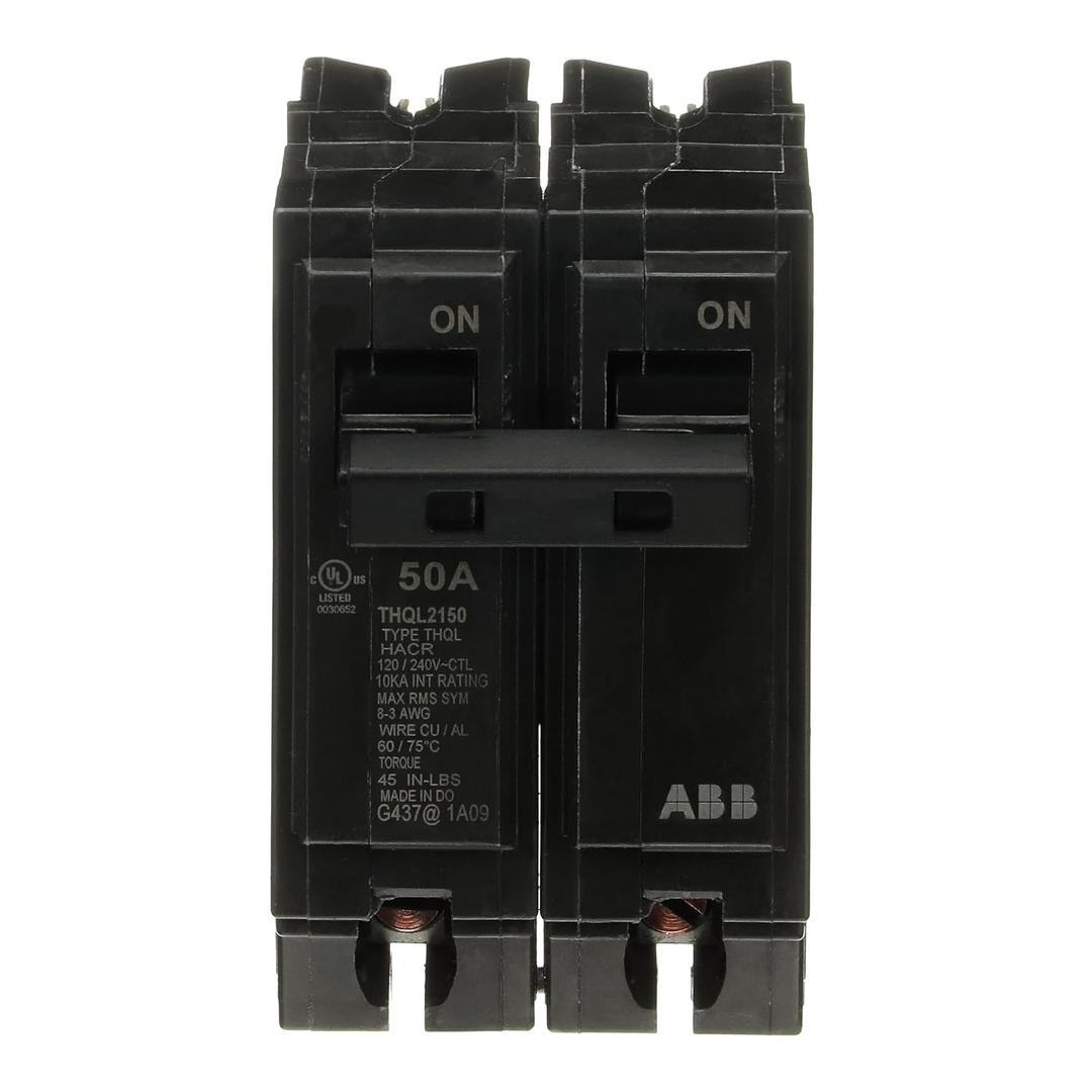 ABB Q-Line THQL2150 50A Circuit Breaker  50 Amp Double Pole Breaker, 120/240 VAC, 10 kAIC  Thermal Magnetic Trip  Long-Time & Instantaneous Protection (LI)  Plug-in Mount