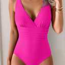 Eomenie One Piece Swimsuit for Women Tummy Control Slimming Bathing Suit Wide Straps V Neck Swim Suit Cross Back Swimwear (Pink)