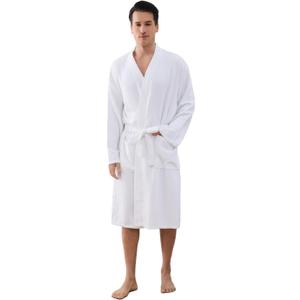 Mens Robes Waffle Lightweight Spa Knit Shawl Hotel Bathrobe Summer Soft Knee Length Sleepwear (White, XL)