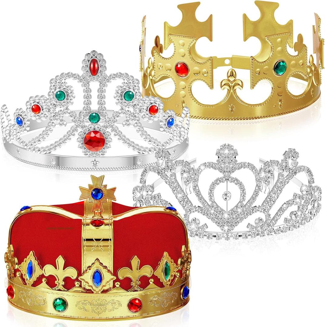 Bonuci 4 Pcs King Crowns Queen Tiara Princess Adjustable Crowns Gold Crown Funny Party Hats Royal Halloween Costume Prom Accessories