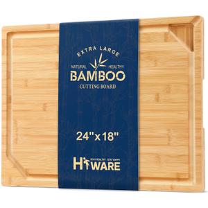 24 x 18 Extra Large Bamboo Serving Boards for Kitchen, Heavy Duty Wood Butcher Block Chopping Board with Handle and Juice Groove for Meat, Large Charcuterie Board, Over the Sink Cutting Board