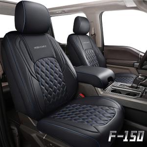 Huidasource Faux Leather Front&Rear Truck Seat Cover Custom Fit for 2015-2024 Ford F150 SuperCrew & 2017-2024 F250 F350 F450 Super Duty Crew Cab XL XLT Lariat King Ranch Platinum(Full Set/Black&Blue)