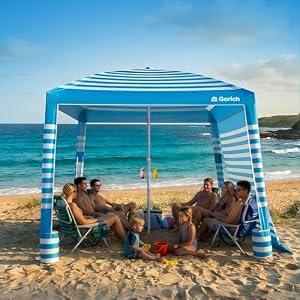 Gorich Beach Cabana with UPF50+ UV Protection, 8x8 FT/10x10 FT Beach Canopy Tent with Side Wall, Easy Setup, Windproof Portable Sun Shelter Shade for Family