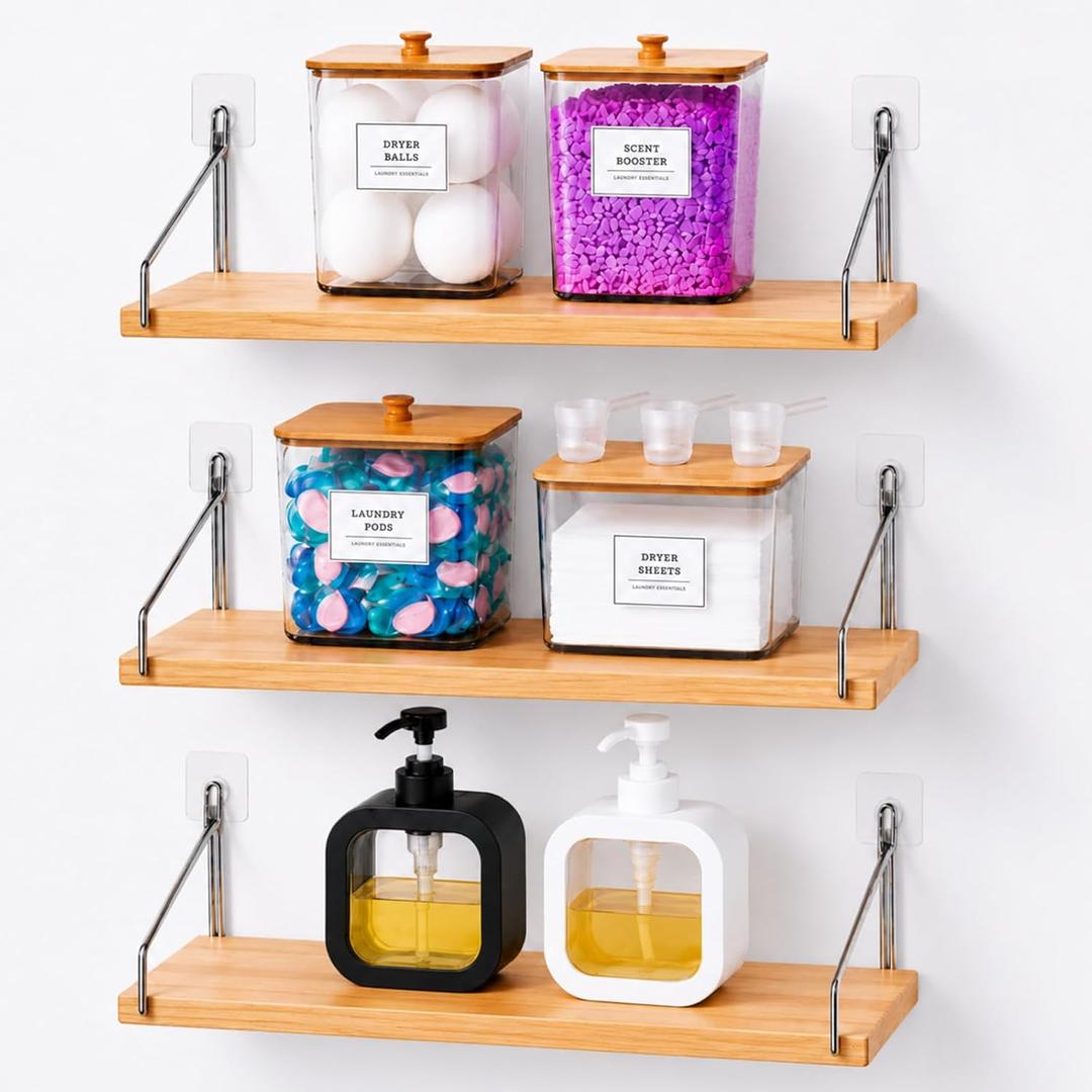 Laundry Room Organization Set, 3pack Wall Mounted Bamboo Floating Shelves with 4 Clear Laundry Pod Containers and 2 Soap Dispensers, No Drill Bathroom & Laundry Room Storage Organizer