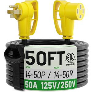NEMA 14-50P to 14-50R 50 FT 50 Amp RV/EV Extension Cord Outdoor
50 Foot 4 Prong Heavy Duty RV Power Cord Waterproof with Cable Organizer, STW 50A 125/250V 6250/12500W, Yellow, ETL Listed