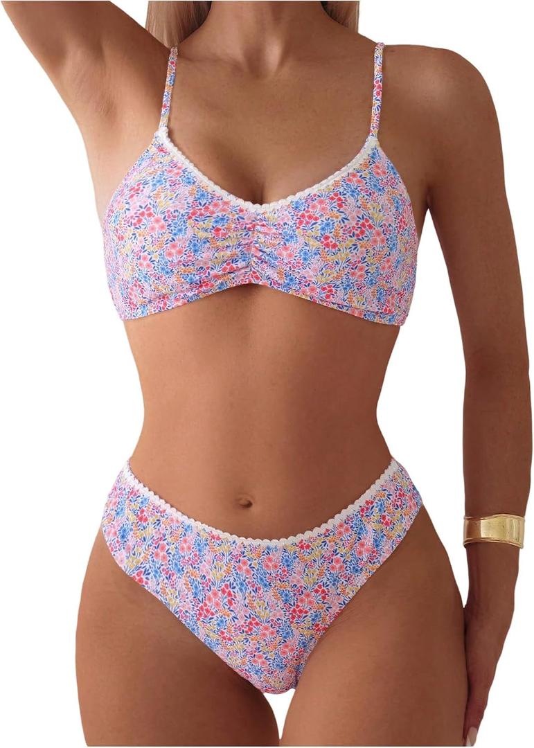 RoseSeek Women's 2 Piece Floral Bikini Sets V Neck Bras and Mid Rise Panties Swimwear Beach Wear (Pink, L)