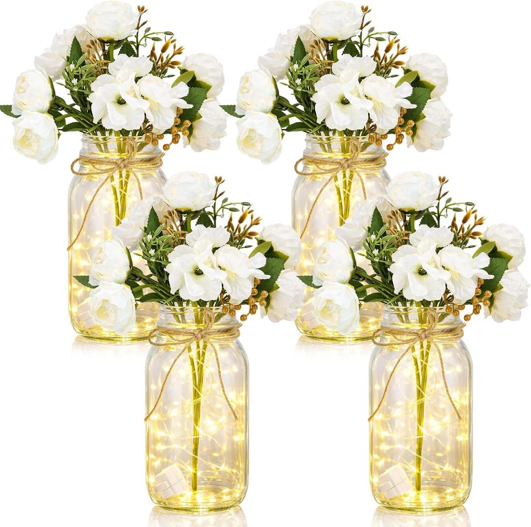 4 Sets Mason Jar with Lights White Faux Peony Decorative White Centerpieces for Tables Mason Jars Flowers Decorations LED Farmhouse Vase for Home Wedding Event Party Decor