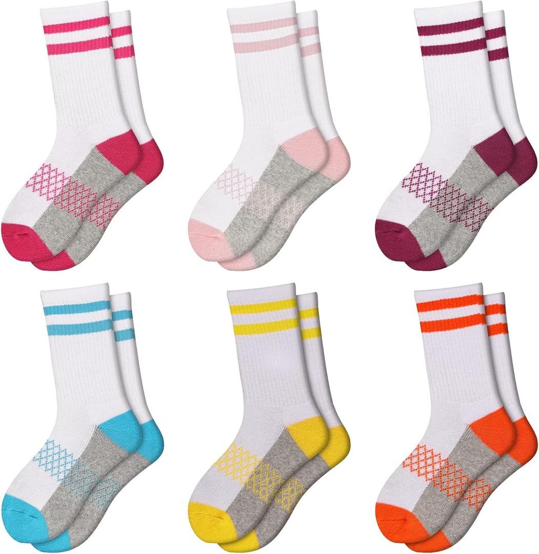 Comfoex Girls Crew Socks Athletic Half Cushioned Long Socks Cotton Calf Socks For Kids 6 Pairs (7-10 Years)