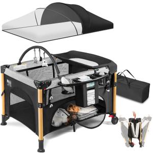 Baby Bassinet Bedside Crib for Travel with One-Hand Setup 5-in-1 Foldable Baby Playpen, Portable Pack and Play with Bassinet,Diaper Changer & Adjustable Mattress for Newborn to Toddler (Black)