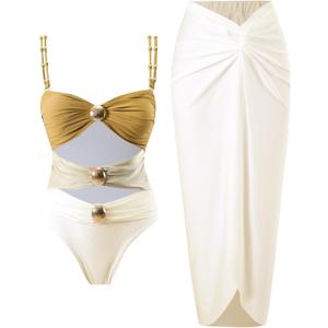 Women's One Piece Swimsuit with Cover up Set Beach Wrap Skirt Retro Bikini Set Two Piece Bathing Suit with Cover up (Large, Coffeebeige)