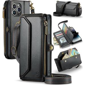 Wallet Case Compatible with iPhone 14 Pro Max RFID Blocking 10-Card Holder Soft PU Leather Magnetic Snap Shoulder Strap Zipper Pocket Phone Case Fit for iPhone 14 Pro Max - Black