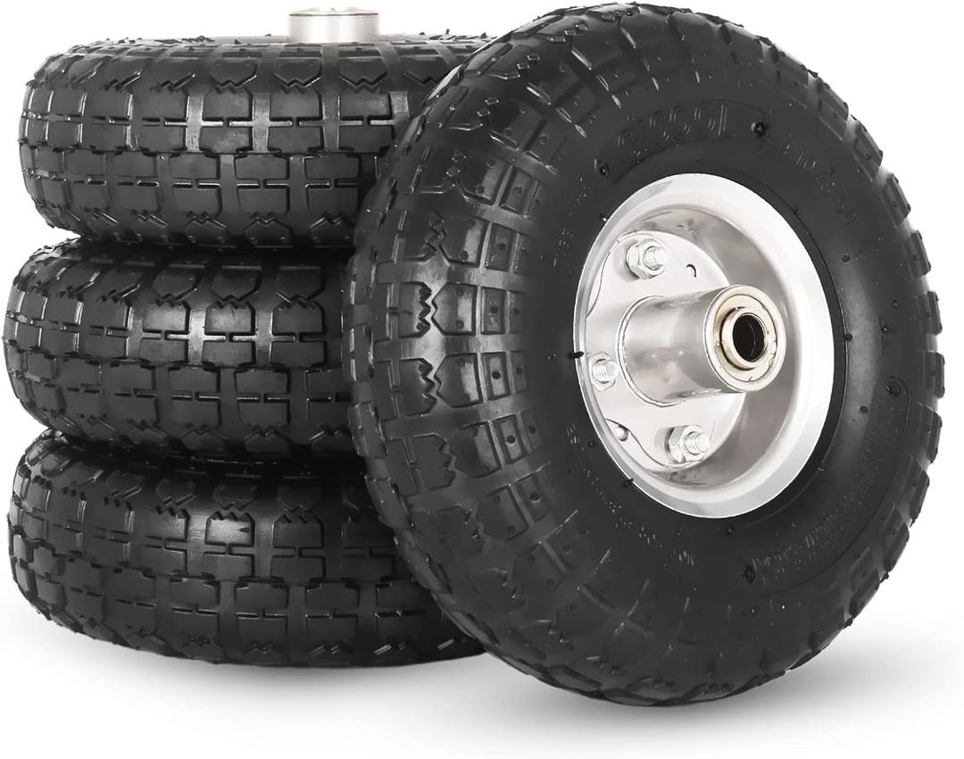 4.10/3.50-4" Tire and Wheel, 10" Pneumatic Tire, 4 Pack, with 2 1/4" Offset Hub, 5/8" Axle Bore Hole, Sealed Bearings for Hand Truck Trolley Dolly Garden Wagon Cart Wheel Replacement