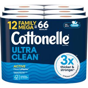 Cottonelle Ultra Clean Toilet Paper with Active CleaningRipples Texture, Strong Bath Tissue, 12 Family Mega Rolls = 66 Regular Rolls