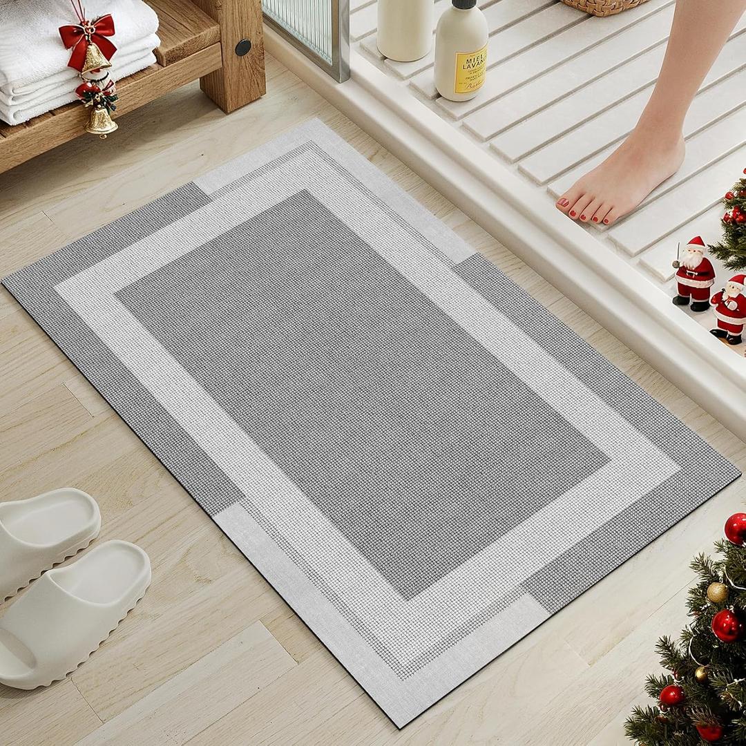 Non Slip Bath Mat, Rubber Backing Ultra Thin Bathroom Rugs Fit Under Door Quick Dry Super Absorbent Washable Bath Rug Shower Mat for Bathroom Floor Bathtub Shower Sink, Easy Care Gray 16"x 24"