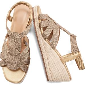 HARENCE Wedge Sandals for Women Espadrilles: Comfortable Platform Elastic Ankle Strap Wedges Heels Dressy Open Toe Summer Wedding Shoes (Beige) Size 38