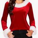 Christmas Tops for Women - Xmas V Neck Fur Trim Sweaters Casual Loose Sweatshirts Velvet Long Sleeve Pullover Size XL