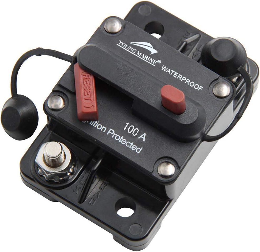 Young Marine Circuit Breaker for Boat Trolling with Manual Reset,Water Proof,12V- 48V DC (Surface Mount-100A)
