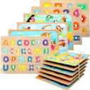WOOD CITY Toddler Puzzles and Rack Set, Wooden Peg Puzzles Bundle with Storage Holder Rack, Educational Knob Puzzle for Kids Age 2 3 4 Years - Alphabet Number Shape Dinosaur Animal Vehicle