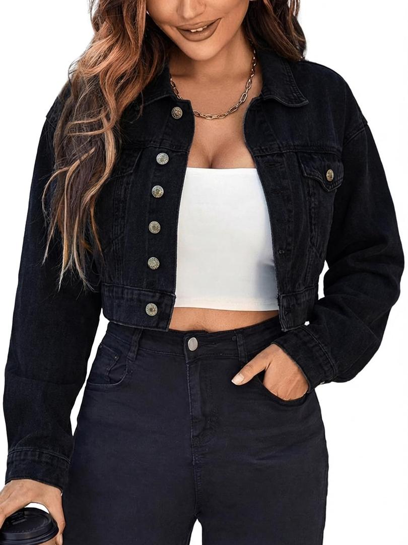 EMMIOL Women's Cropped Denim Jacket Lapel Long Sleeve Button Front (Black)