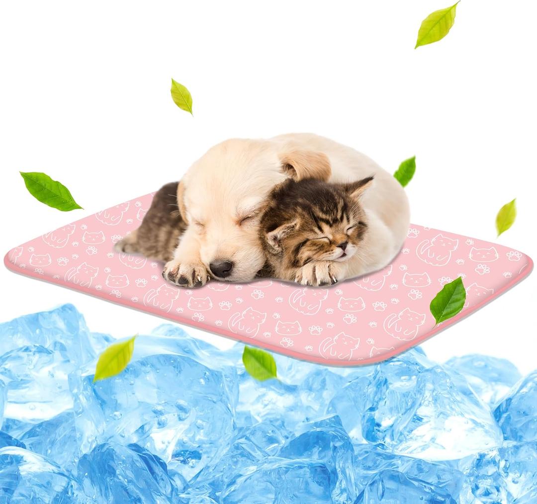 NWK Pet Cooling Mat Ice Silk Mat for Dogs & Cats Portable & Washable Pet Cooling Blanket, Car Seats, Beds for Summer (Small (20'' x 16'' x 0.3''), Pink Cat)