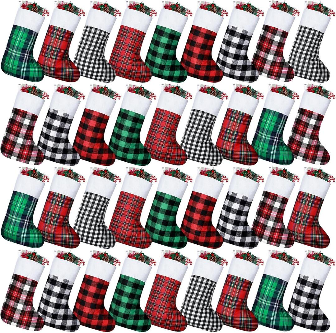 Skylety 60 Pcs Mini Christmas Stockings 8.27 Inch Small Buffalo Plaid Red Black Stockings Hanging Ornament Classic Bulk Christmas for Family Holiday Party Gift Xmas Tree Decoration
